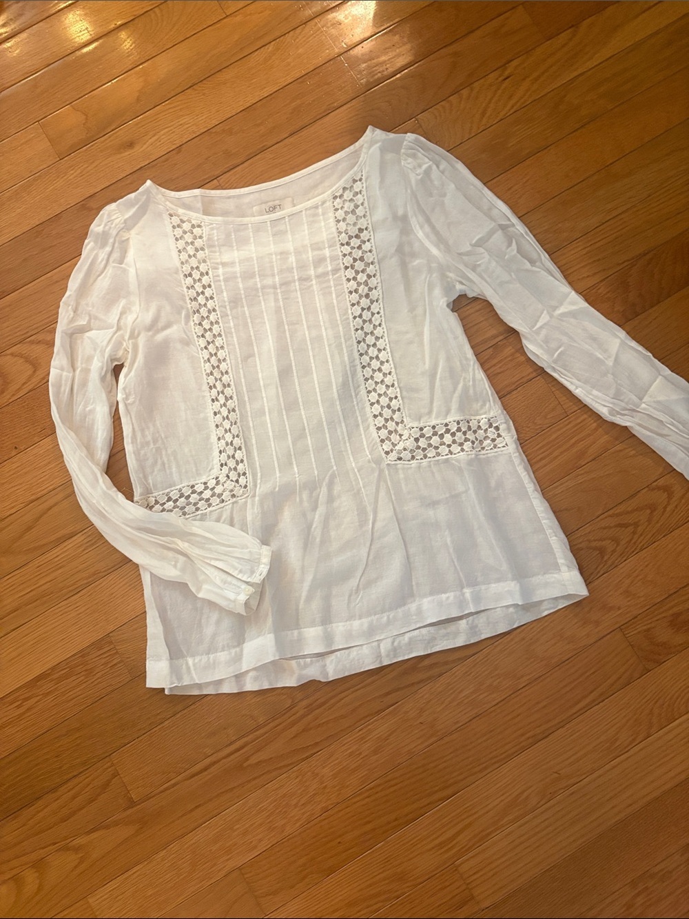 LOFT White Cotton Lace-Trim Pintuck Peasant Blouse